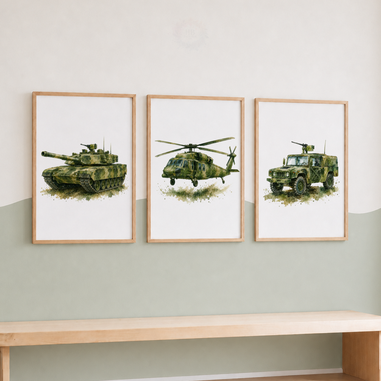 Military Vehicle Wall Art Set – Tank Helicopter & Army Truck Prints