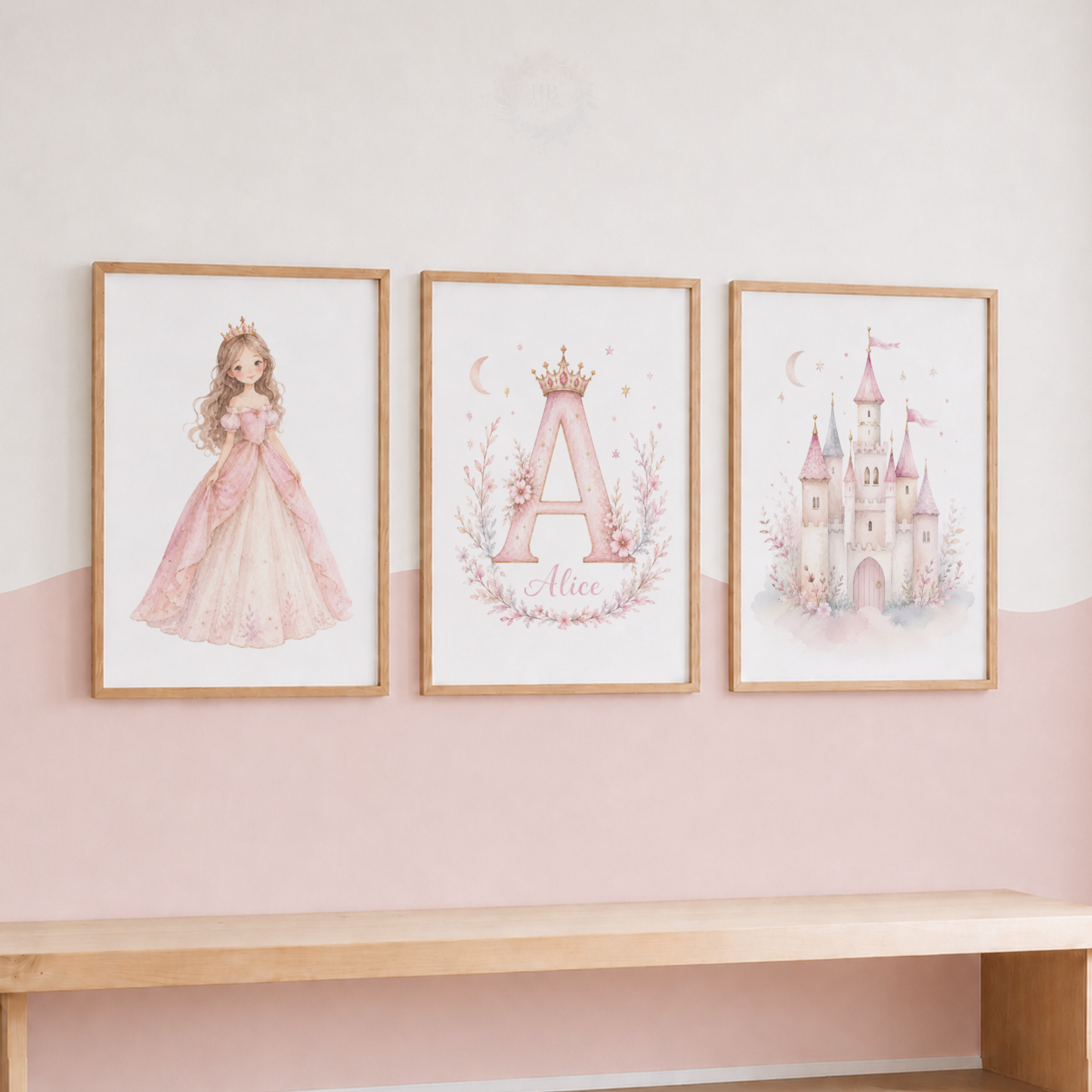 Personalised Princess Castle Prints – Set of 3 Pink Watercolour Nursery Wall Art