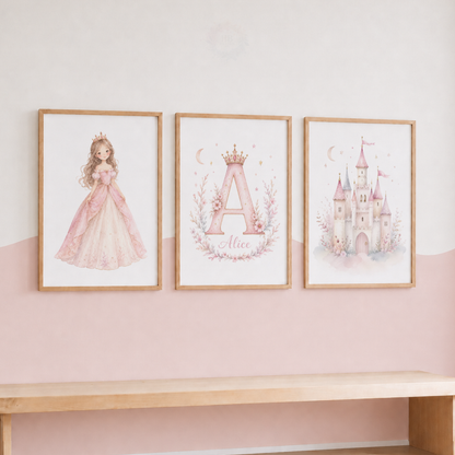 Personalised Princess Castle Prints – Set of 3 Pink Watercolour Nursery Wall Art