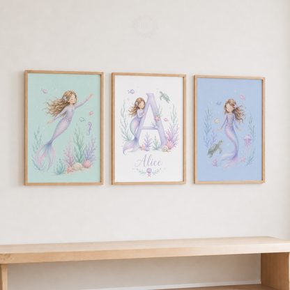 Personalised Mermaid Nursery Prints – Girls Under the Sea Wall Art Set