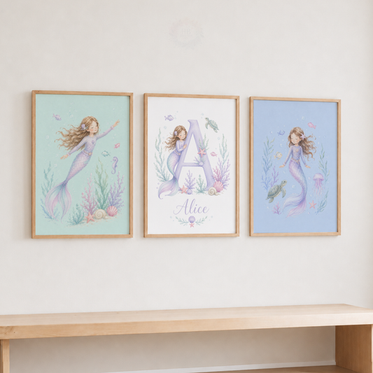Personalised Mermaid Nursery Prints – Girls Under the Sea Wall Art Set
