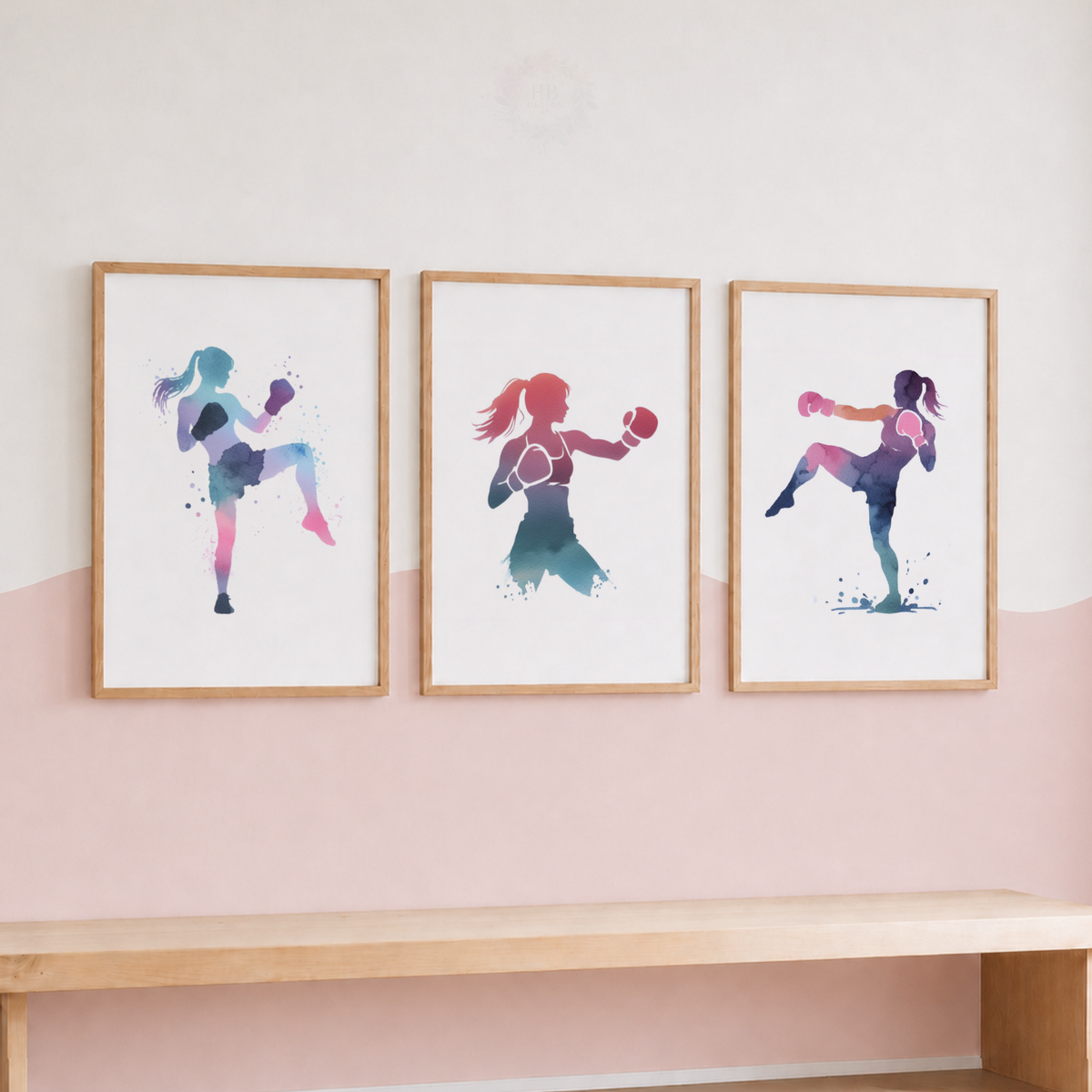 Girls Kickboxing Wall Art Set – Pastel Watercolour Female Fighter Prints
