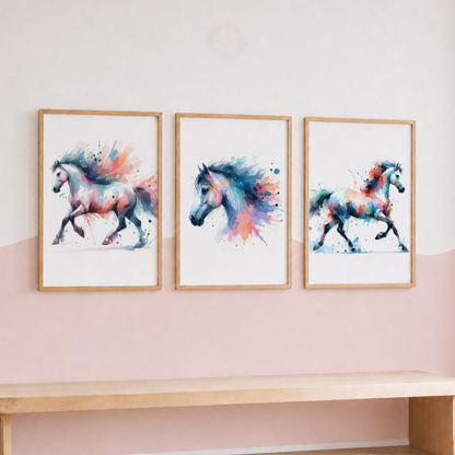 Colourful Horse Wall Art Set – Watercolour Equestrian Prints for Girls