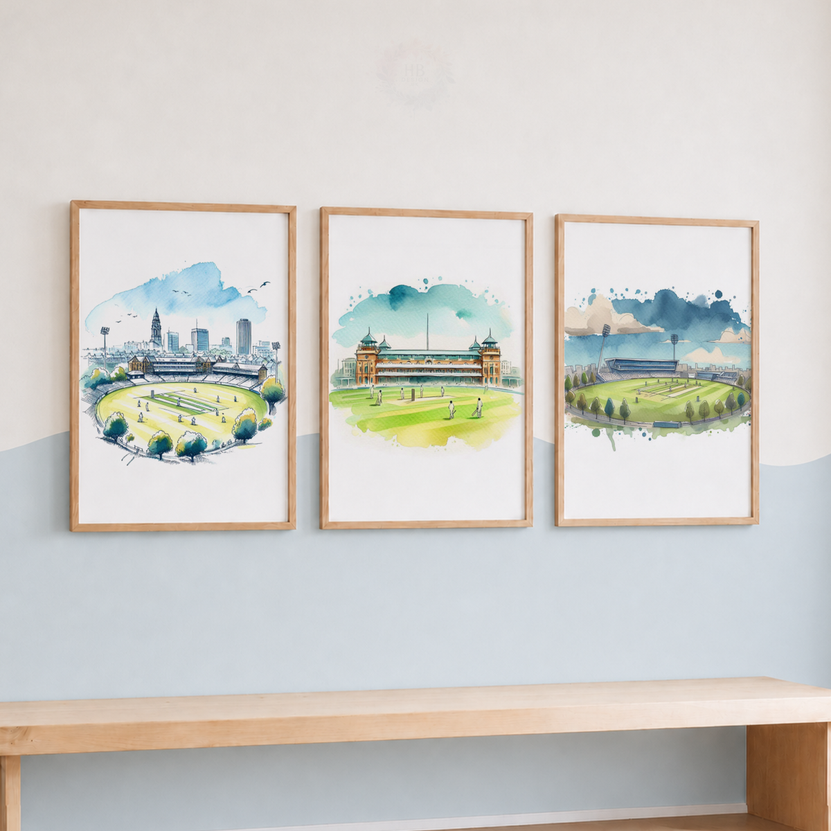 Cricket Stadium Watercolour Wall Art Set – Cricket Ground Prints for Boys’ Bedroom