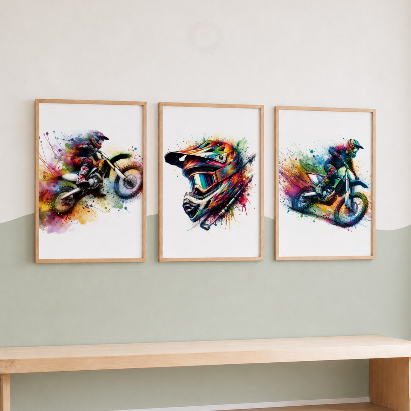 Motocross Watercolor Wall Art Set – Colourful Dirt Bike Rider & Helmet Sports Prints