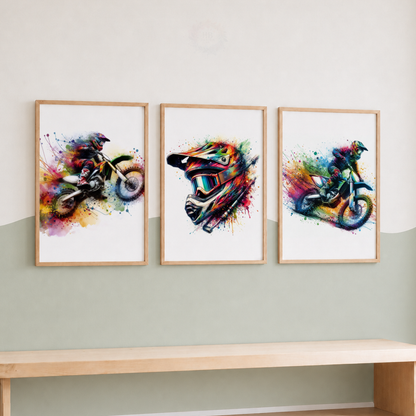 Motocross Watercolor Wall Art Set – Colourful Dirt Bike Rider & Helmet Sports Prints