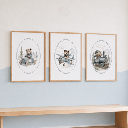 Vintage Teddy Bear Transport Wall Art Set – Nursery Adventure Prints
