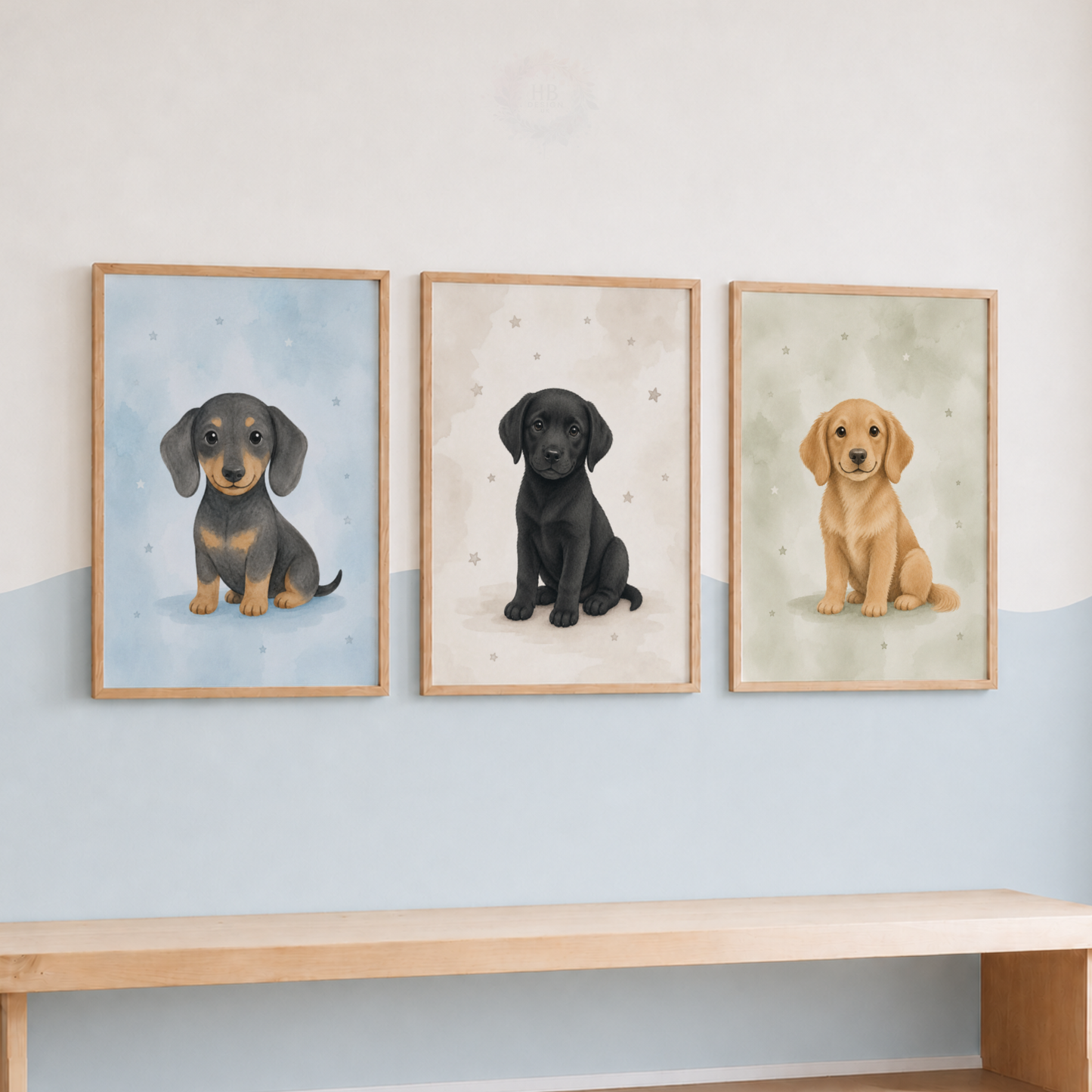 Puppy Nursery Prints – Set of 3 Dachshund, Labrador & Golden Retriever Wall Art