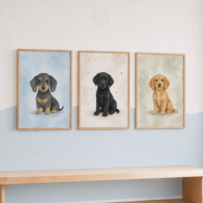 Puppy Nursery Prints – Set of 3 Dachshund, Labrador & Golden Retriever Wall Art