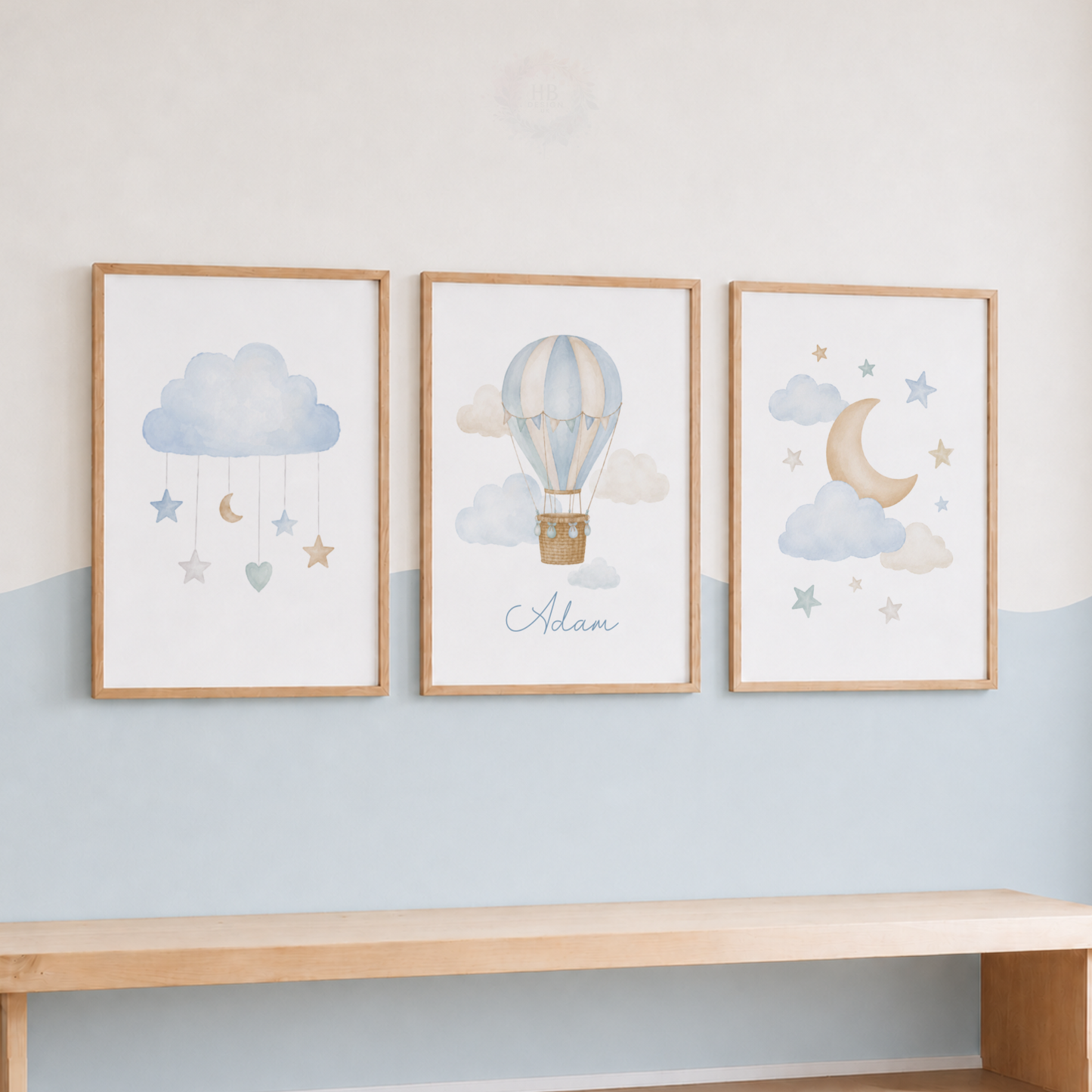 Personalised Hot Air Balloon Nursery Wall Art Print Set – Blue Moon & Stars