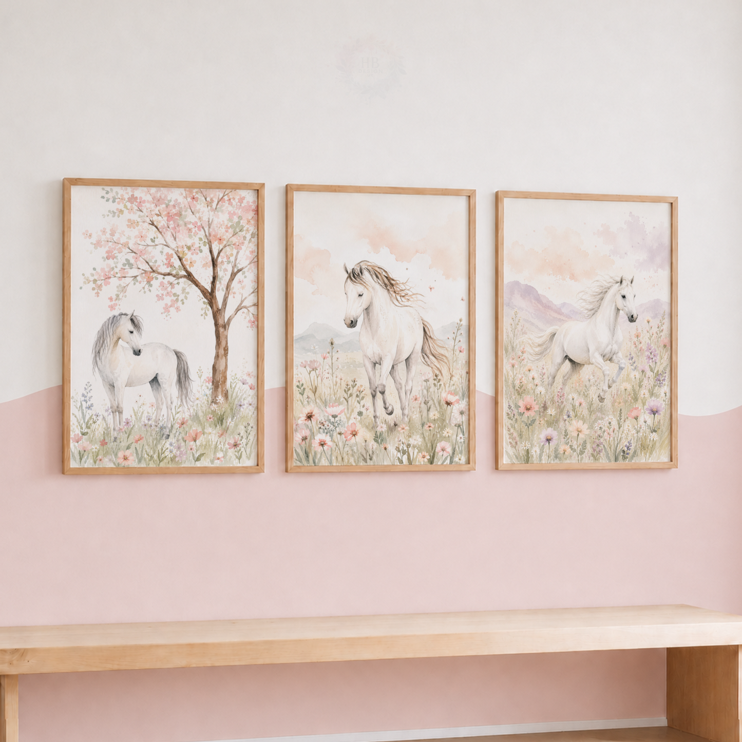 Pastel Horse Meadow Wall Art Set – Watercolour Equestrian Nursery Prints