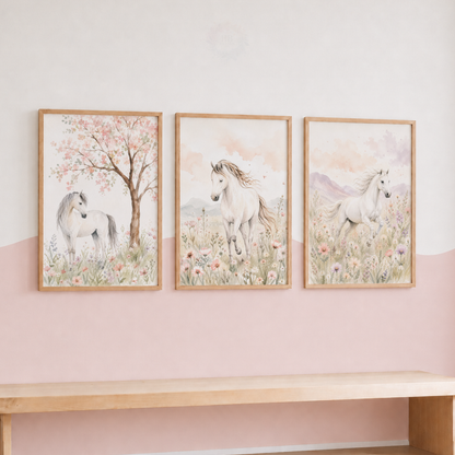 Pastel Horse Meadow Wall Art Set – Watercolour Equestrian Nursery Prints