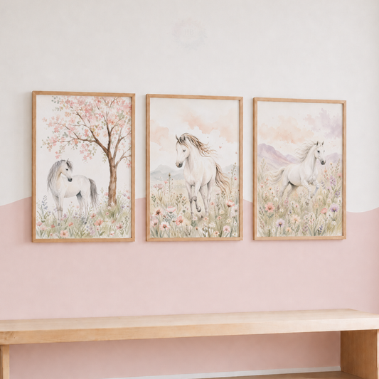 Pastel Horse Meadow Wall Art Set – Watercolour Equestrian Nursery Prints
