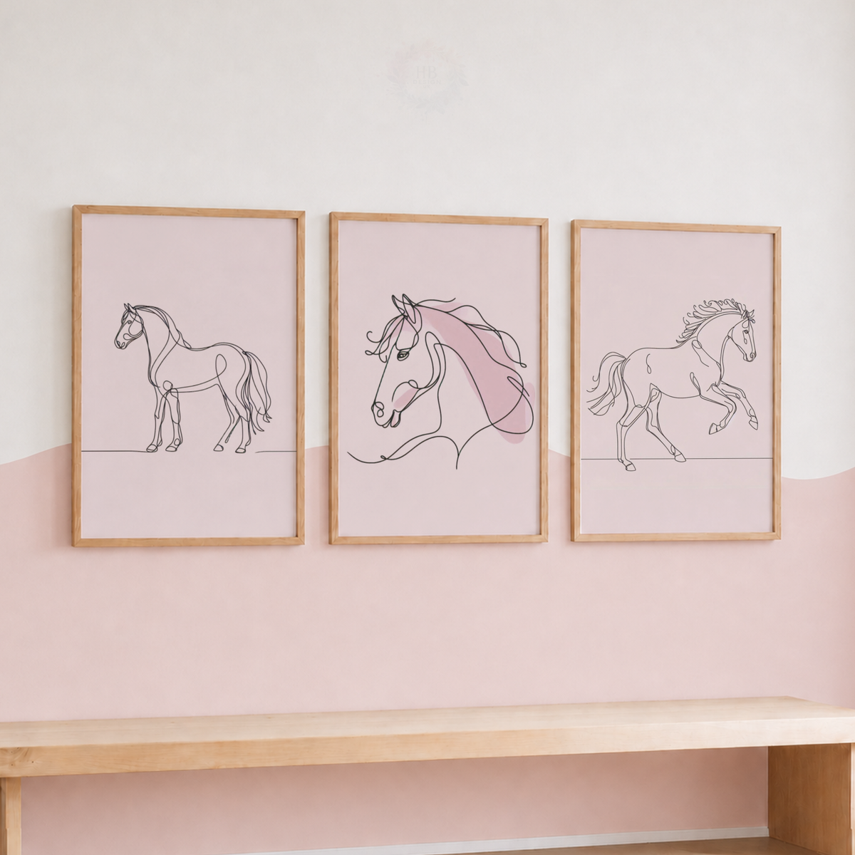 Pink Horse Line Art Print Set – Minimalist Equestrian Wall Art