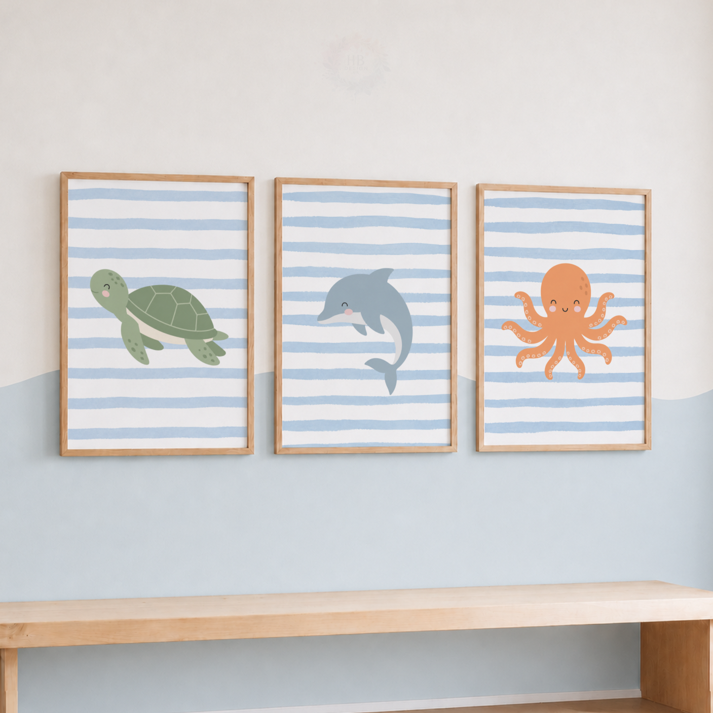 Under the Sea Nursery Wall Art Print Set – Turtle, Dolphin & Octopus