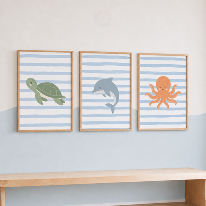 Under the Sea Nursery Wall Art Print Set – Turtle, Dolphin & Octopus