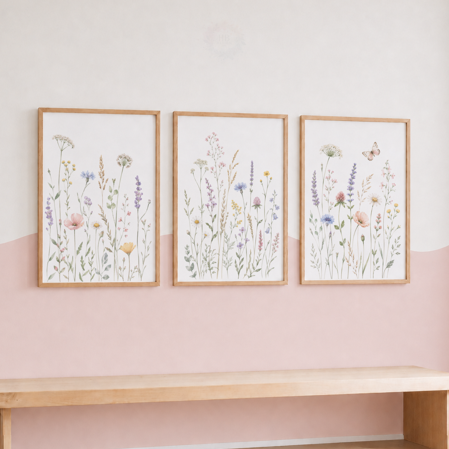 Wildflower Wall Art Set – Pastel Botanical Meadow & Butterfly Prints
