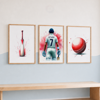 Personalised Cricket Watercolor Wall Art Set – Cricket Bat, Player & Ball Sports Prints