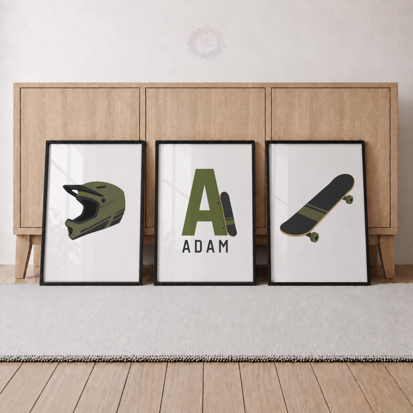 Personalised Skateboard Bedroom Prints – Set of 3 Helmet, Skateboard & Name Wall Art