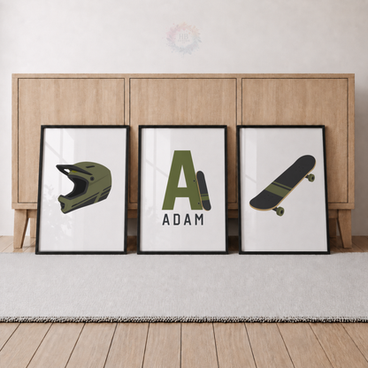 Personalised Skateboard Bedroom Prints – Set of 3 Helmet, Skateboard & Name Wall Art