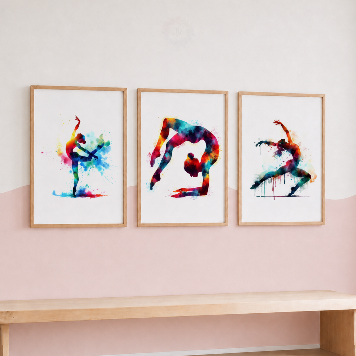 Gymnastics Wall Art Set – Colourful Watercolour Gymnast Prints for Girls’ Bedroom