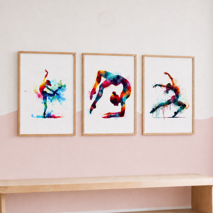 Gymnastics Wall Art Set – Colourful Watercolour Gymnast Prints for Girls’ Bedroom
