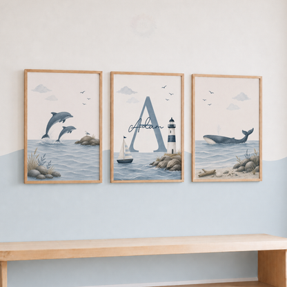 Personalised Ocean Nursery Prints – Set of 3 Watercolour Coastal Wall Art