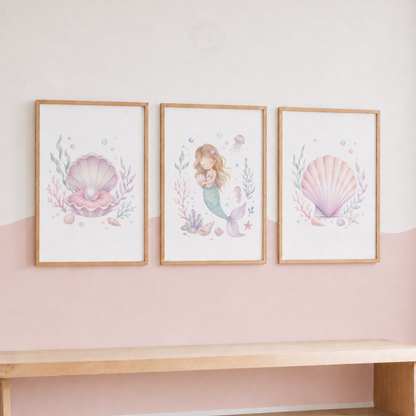 Mermaid Nursery Prints – Seashell, Pearl & Under the Sea Wall Art Set