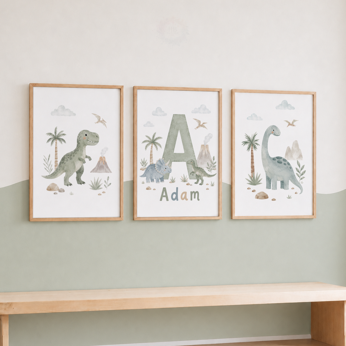Personalised Dinosaur Nursery Prints – Set of 3 Watercolour Dino & Name Wall Art
