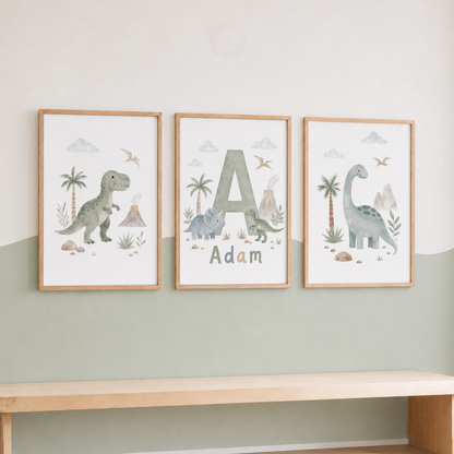 Personalised Dinosaur Nursery Prints – Set of 3 Watercolour Dino & Name Wall Art
