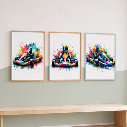 Go Kart Racing Watercolor Wall Art Set – Colourful Karting Driver Sports Prints