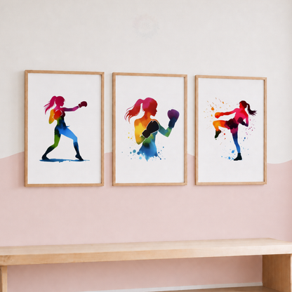 Girls Boxing Wall Art Set – Colourful Watercolour Female Boxer Prints
