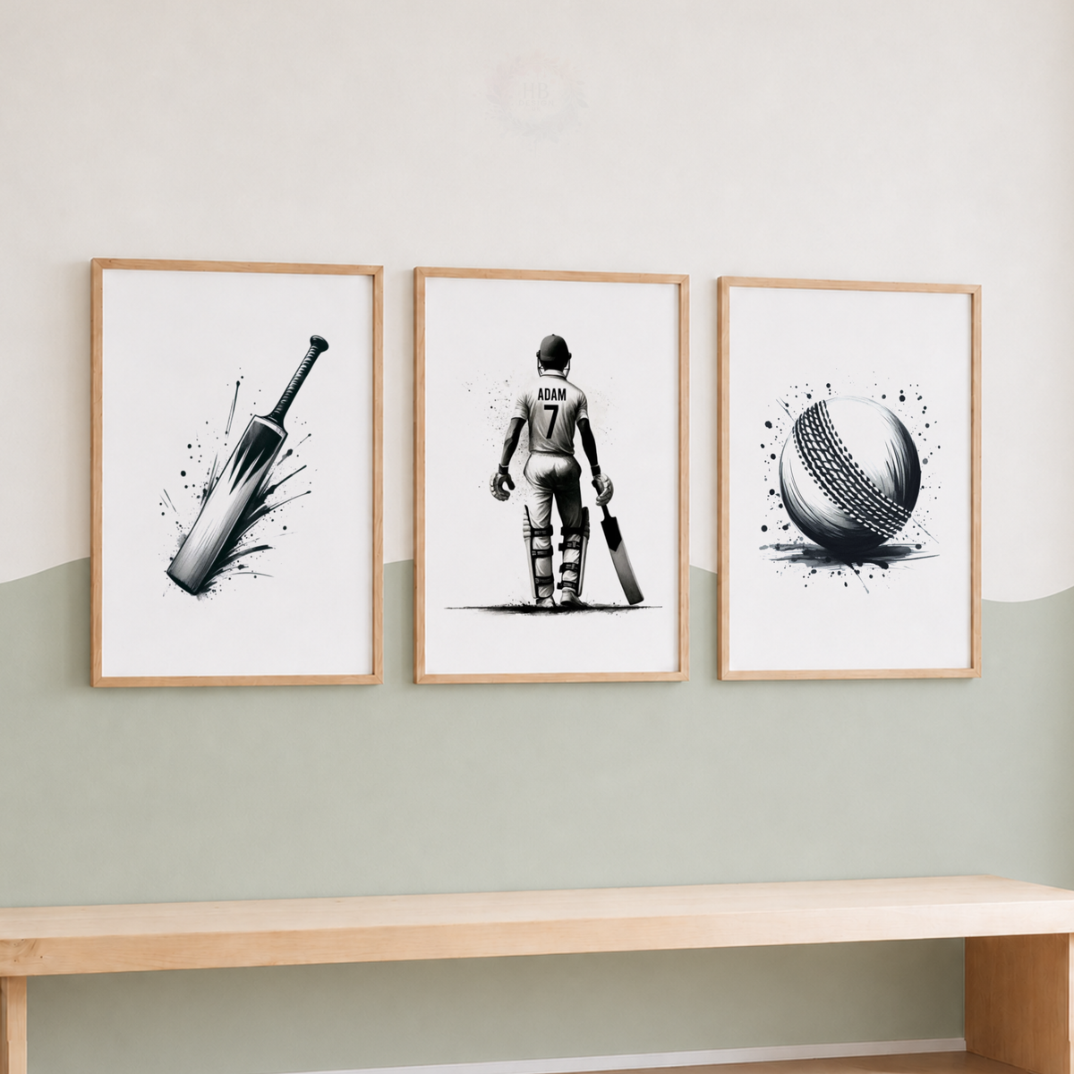 Personalised Cricket Wall Art Set – Cricket Bat, Player & Ball Sports Prints