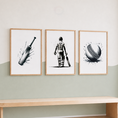 Personalised Cricket Wall Art Set – Cricket Bat, Player & Ball Sports Prints