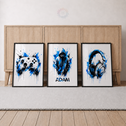 Personalised Blue Gamer Wall Art Set – Gaming Controller, Gamer & Headphones Prints