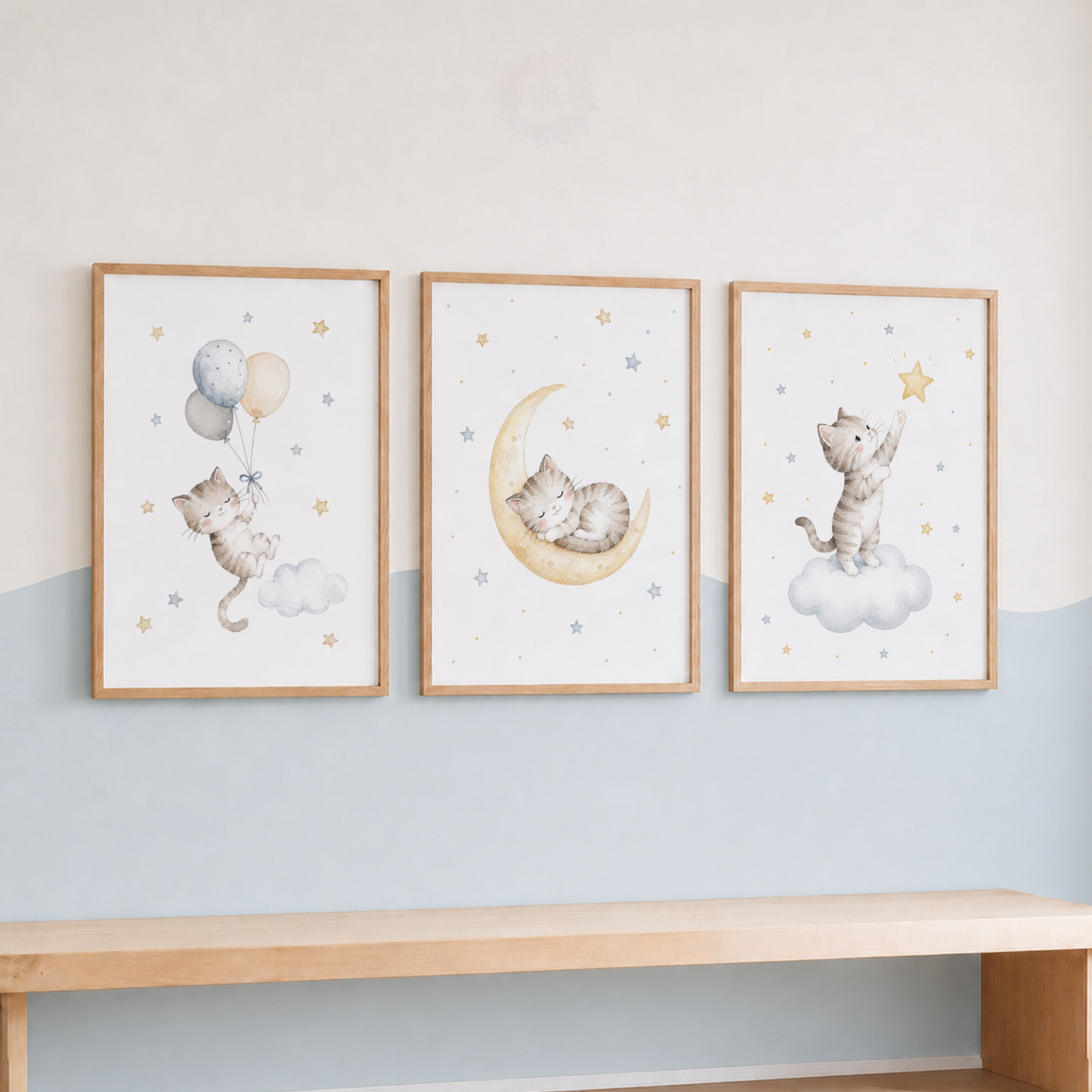 Cute Cat Nursery Prints – Set of 3 Moon, Stars & Balloon Kitten Wall Art