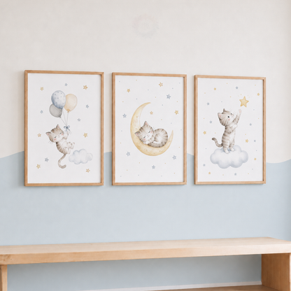 Cute Cat Nursery Prints – Set of 3 Moon, Stars & Balloon Kitten Wall Art