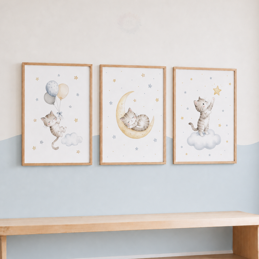 Cute Cat Nursery Prints – Set of 3 Moon, Stars & Balloon Kitten Wall Art