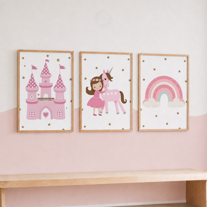 Princess Unicorn Wall Art Set – Pink Castle & Rainbow Nursery Prints