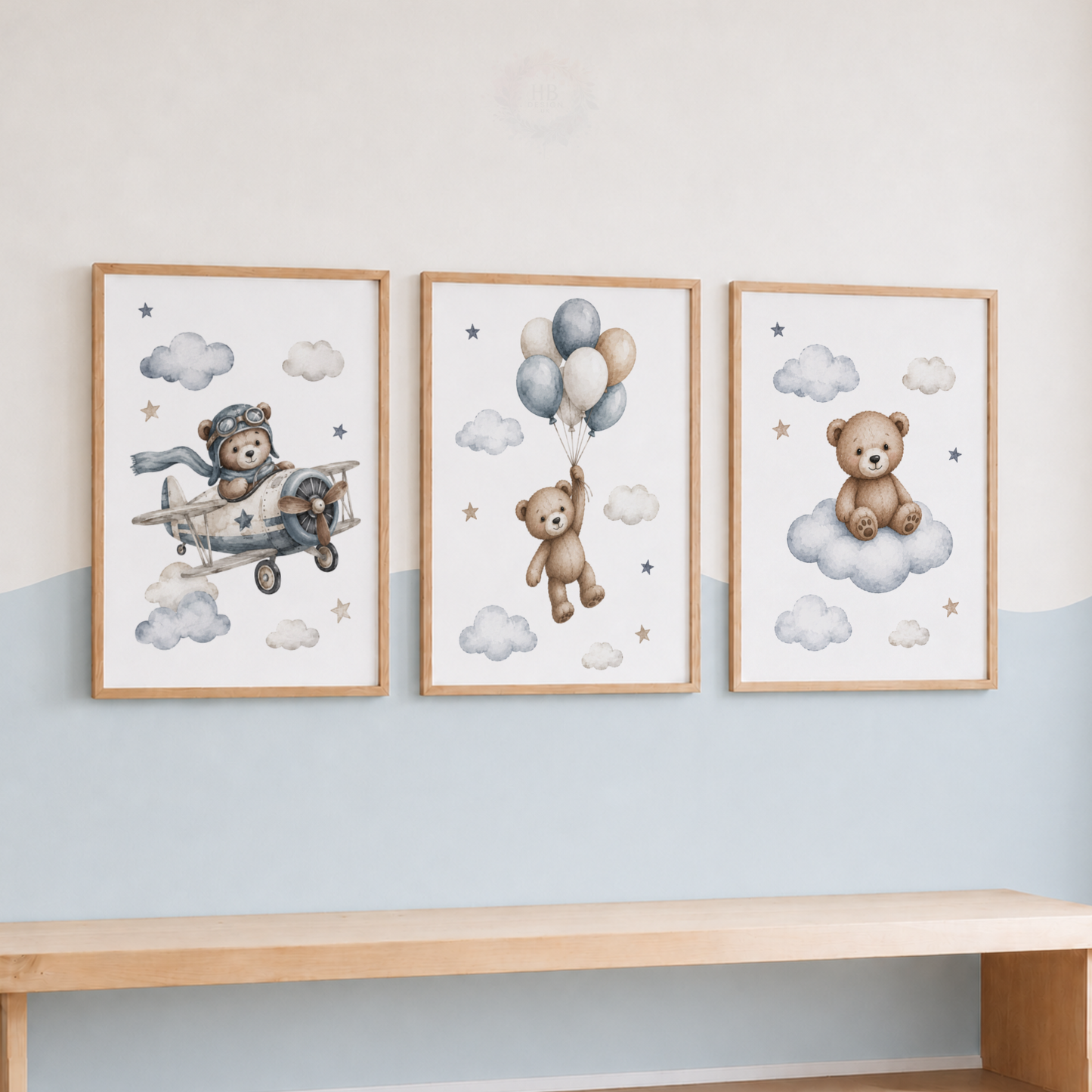 Teddy Bear Nursery Wall Art Set – Aeroplane, Balloons & Cloud Prints