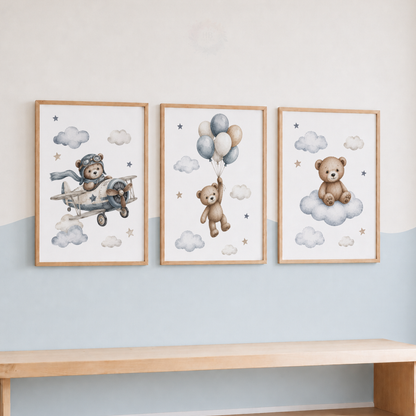 Teddy Bear Nursery Wall Art Set – Aeroplane, Balloons & Cloud Prints