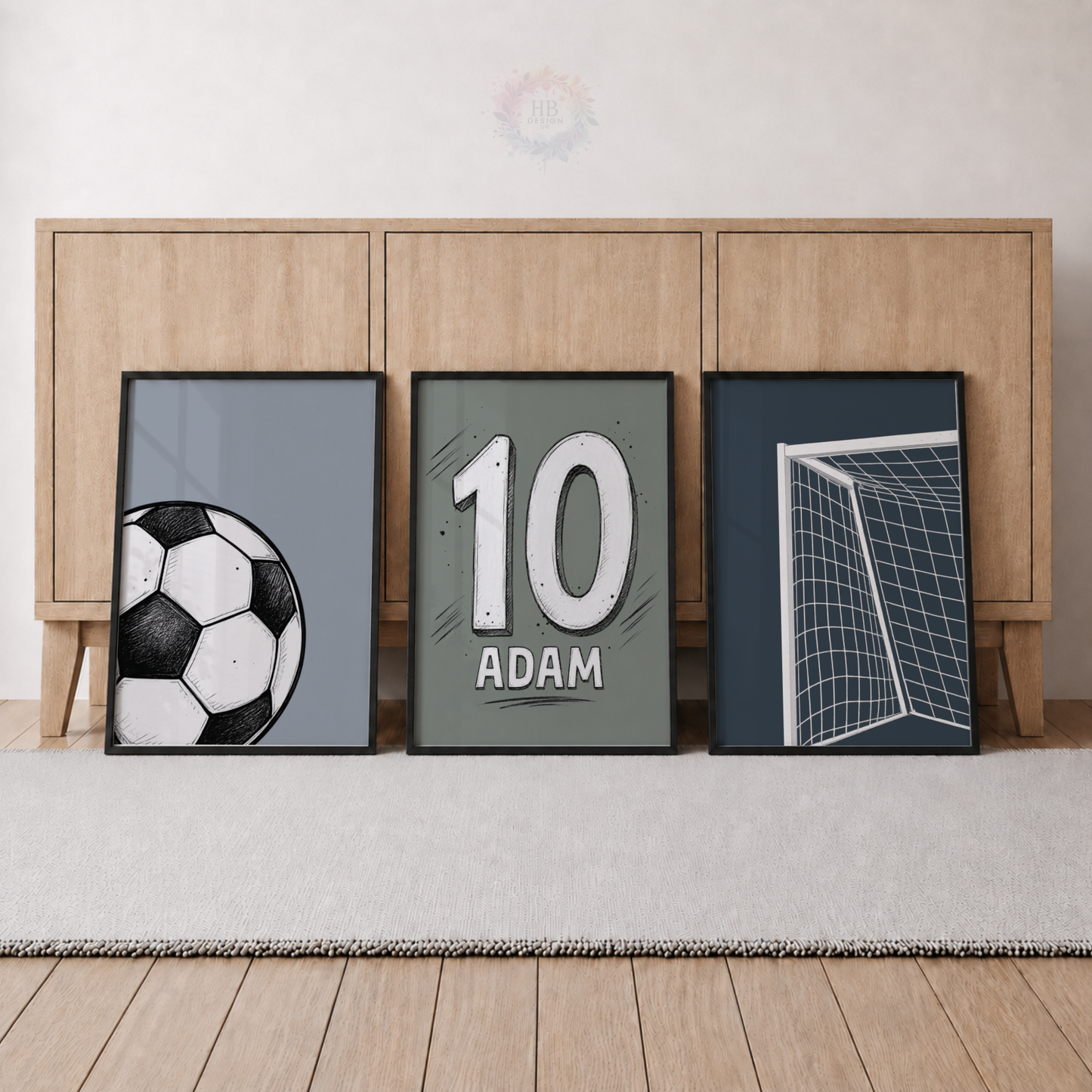 Personalised Football Wall Art Set – Custom Name & Number Soccer Prints for Boys Bedroom