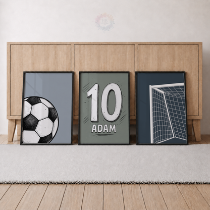 Personalised Football Wall Art Set – Custom Name & Number Soccer Prints for Boys Bedroom