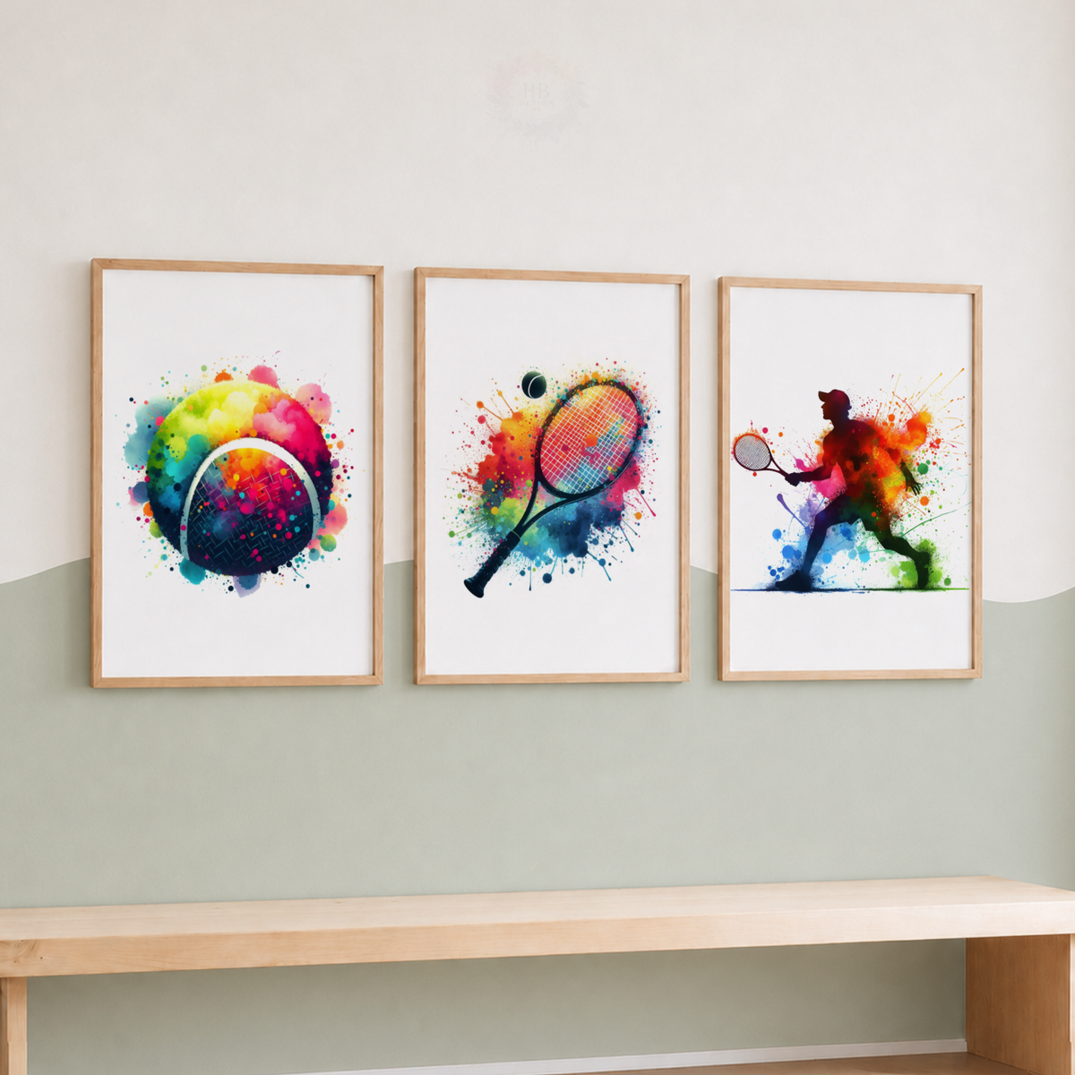 Colourful Tennis Wall Art Set – Watercolour Tennis Prints for Boys’ Bedroom