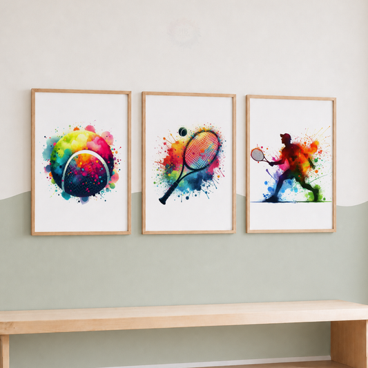 Colourful Tennis Wall Art Set – Watercolour Tennis Prints for Boys’ Bedroom