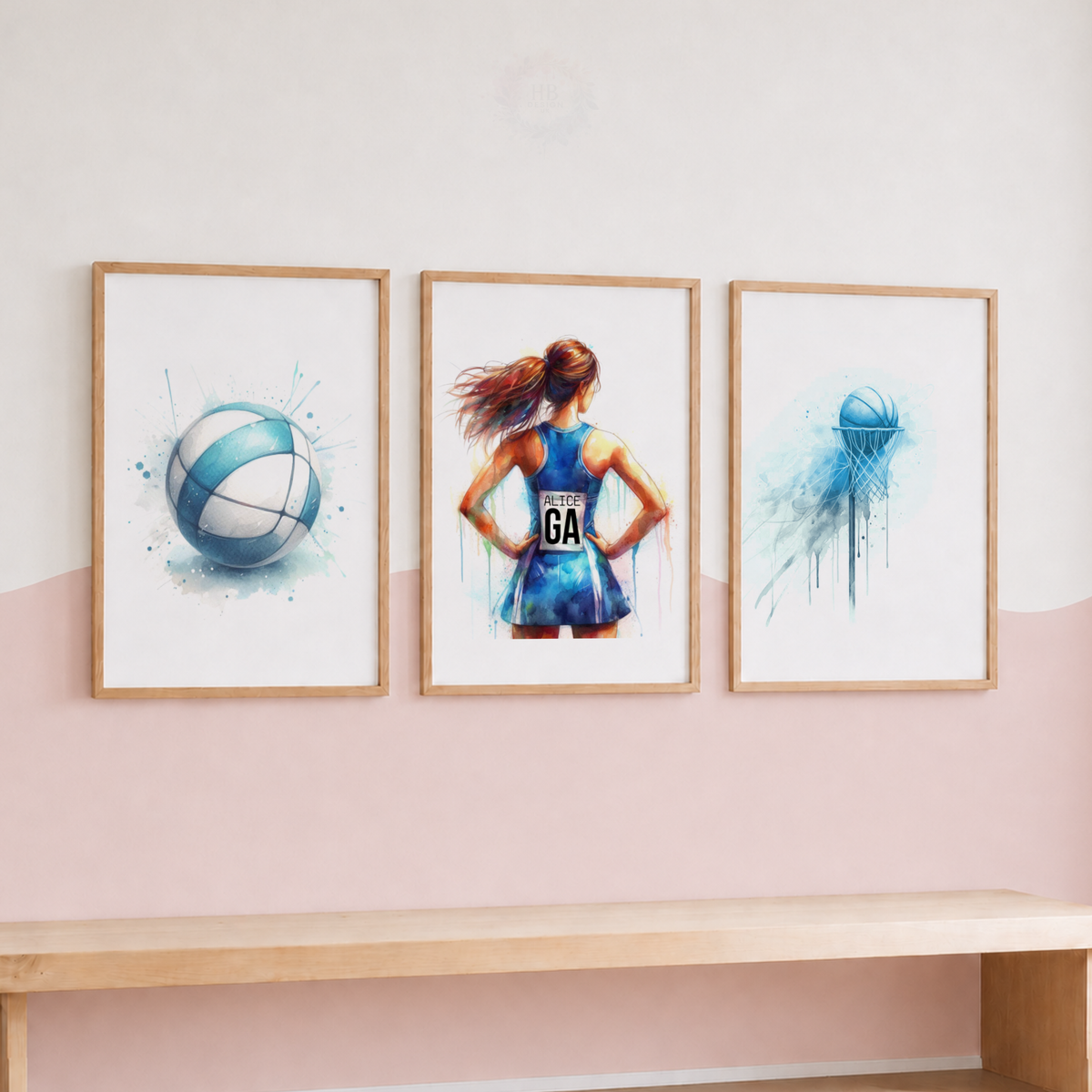 Personalised Girls Netball Wall Art Set – Blue Watercolour Netball Prints