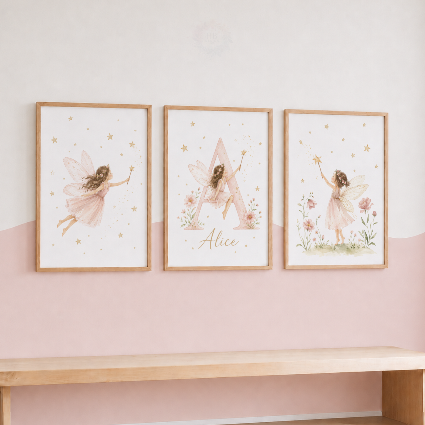Personalised Fairy Nursery Prints – Pink Floral Initial & Fairy Wall Art Set