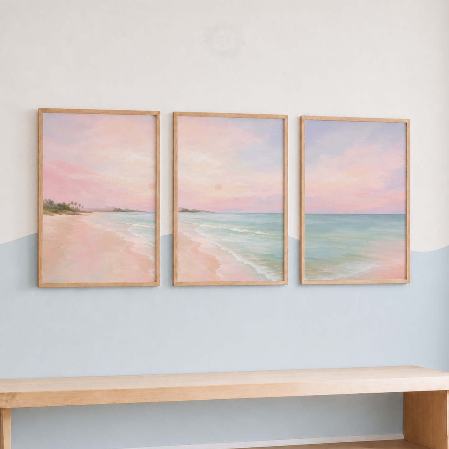 Pastel Beach Wall Art Set – Blush Pink Coastal Seascape Prints