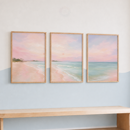 Pastel Beach Wall Art Set – Blush Pink Coastal Seascape Prints
