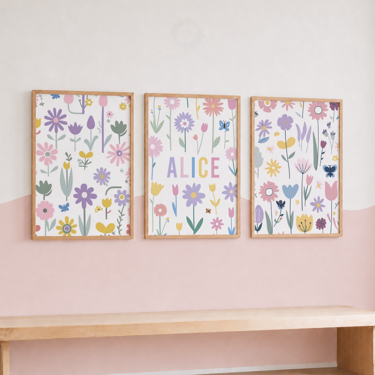 Personalised Floral Wall Art Set – Colourful Wildflower Name Prints